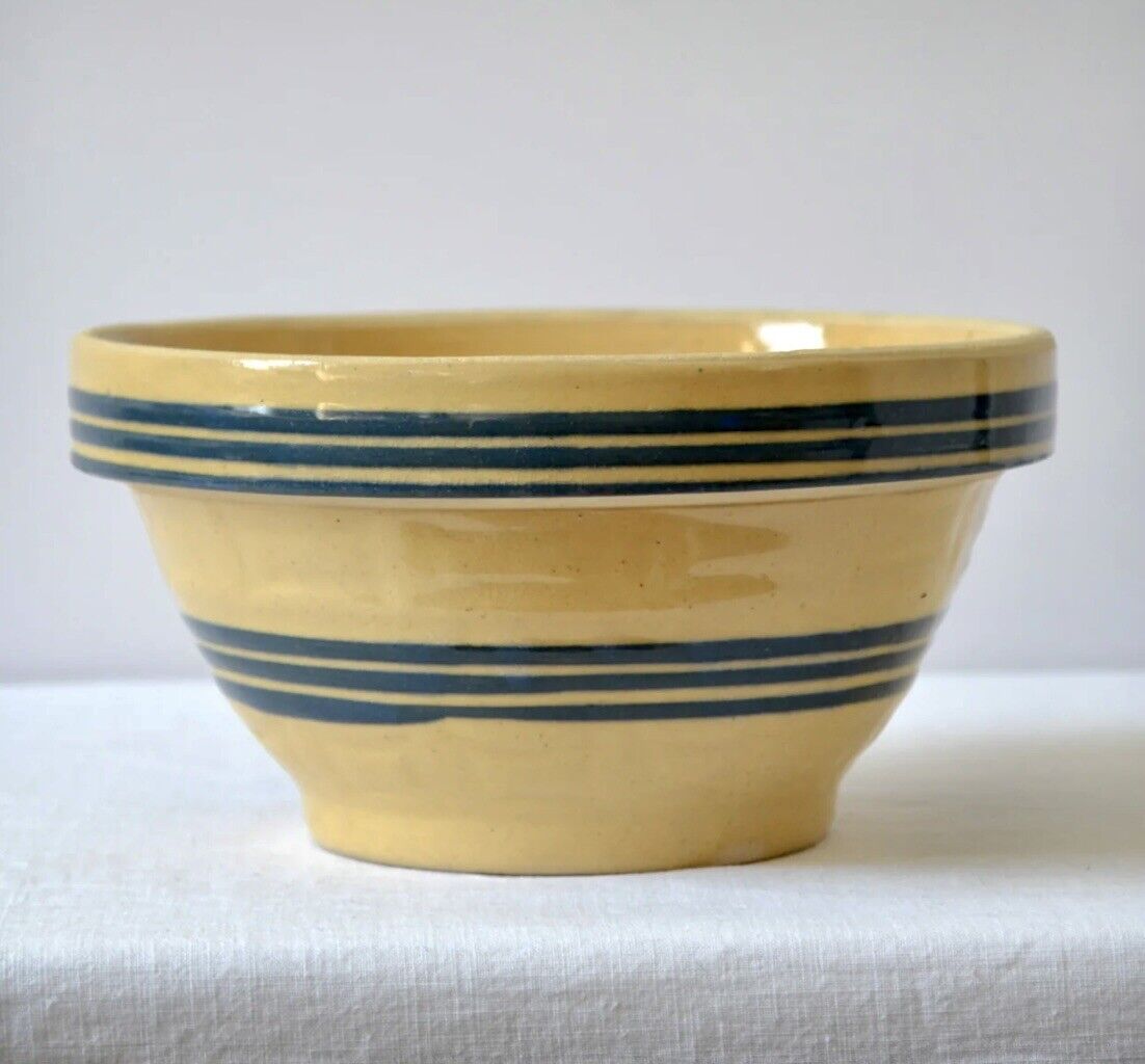 vintage stoneware mixing bowl blue stripes 