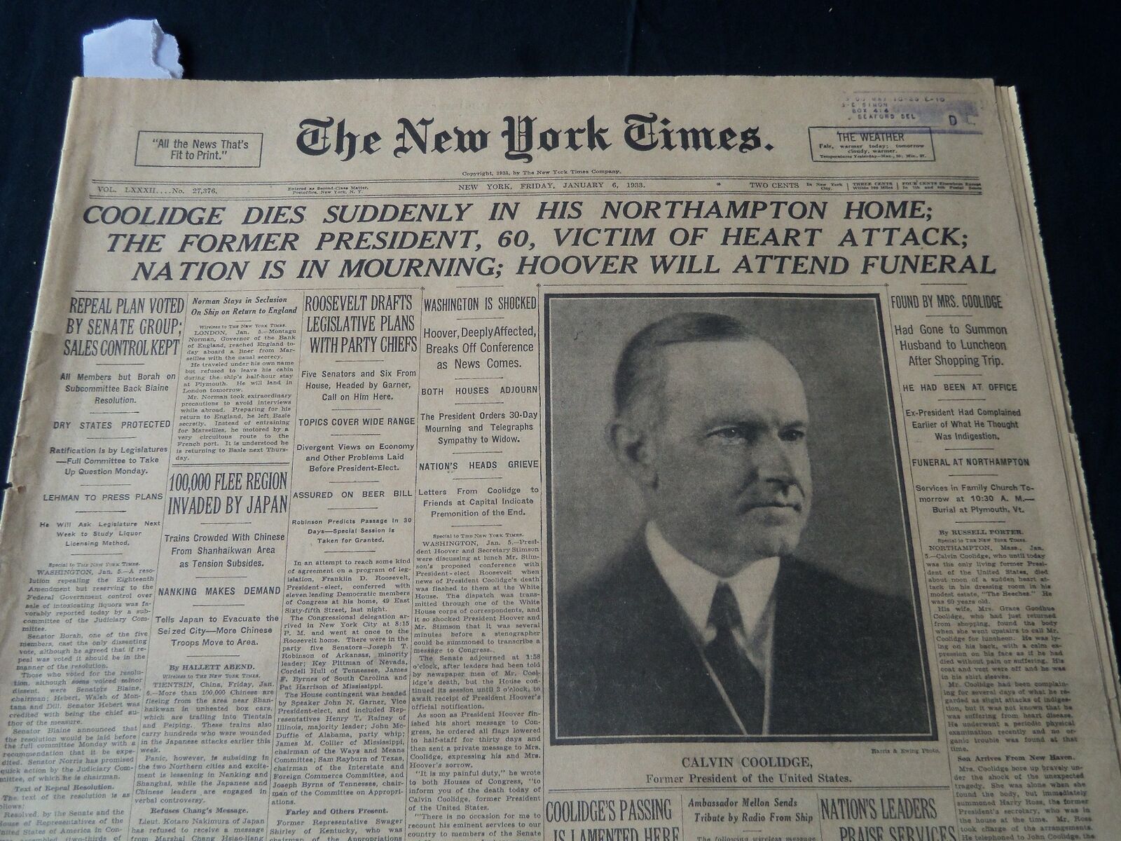 1933 JANUARY 6 NEW YORK TIMES - COOLIDGE DIES SUDDENLY NORTHAMPTON HOME- NT 7221