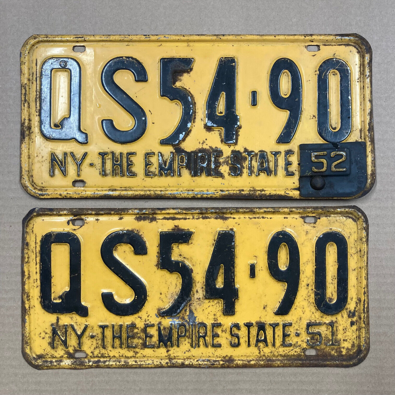 1951 New York license plate pair QS 54 90 1952 tab YOM DMV clear Ford Chevy GMC