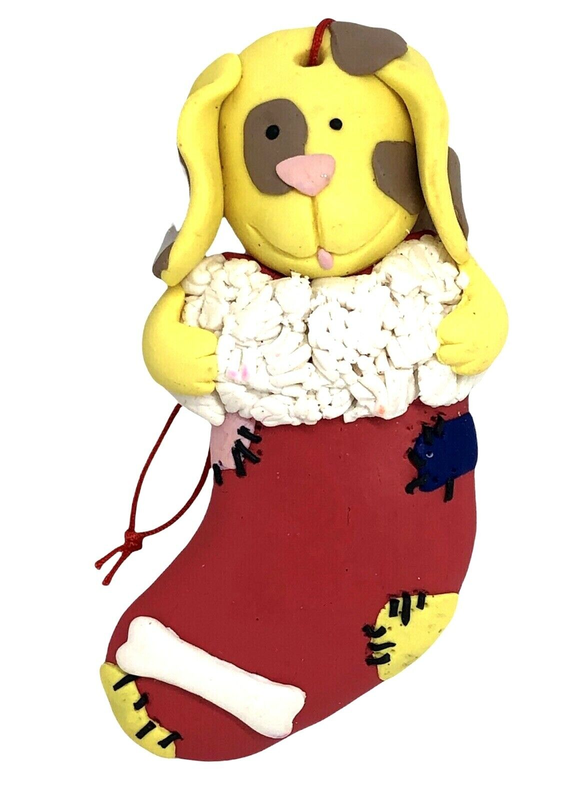Puppy in Stocking Yellow Brown Spotted  Modeling Clay Ornament 4\