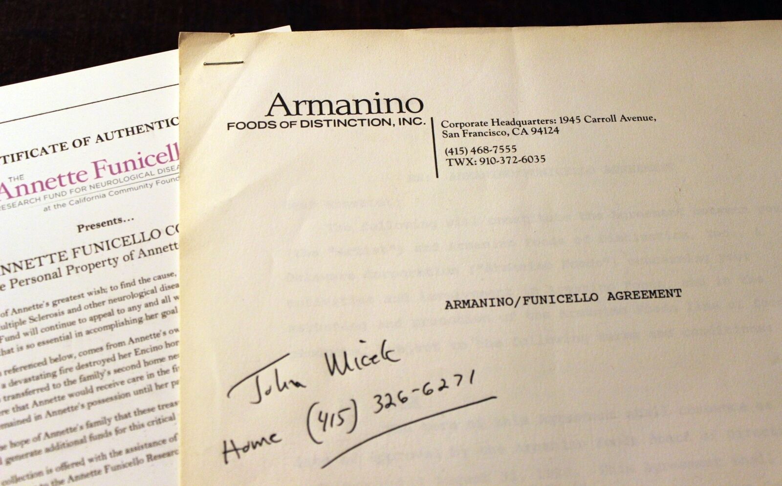 Annette Funicello Personal Property 1987 Armanino Pasta Sauce Contract Agreement