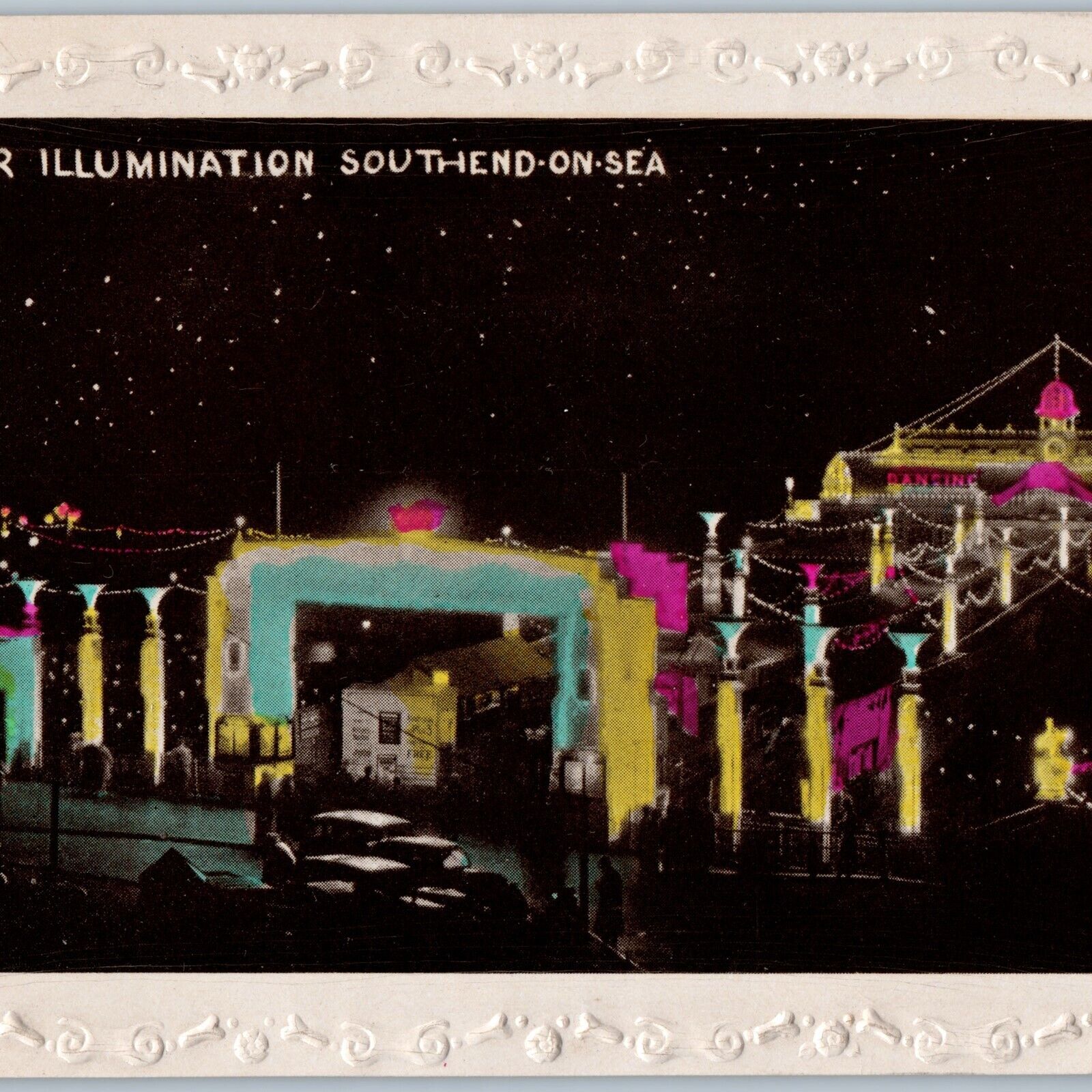 c1940s Southend on Sea, England Hand Colored Card Pier Night Illumination A187