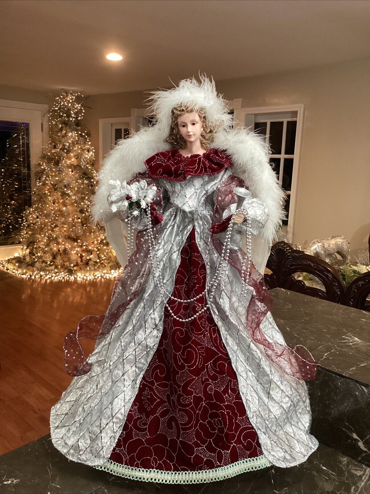 STUNNING Victorian Christmas Angel Tree Topper 25” TALL Silver And Burgundy Gown
