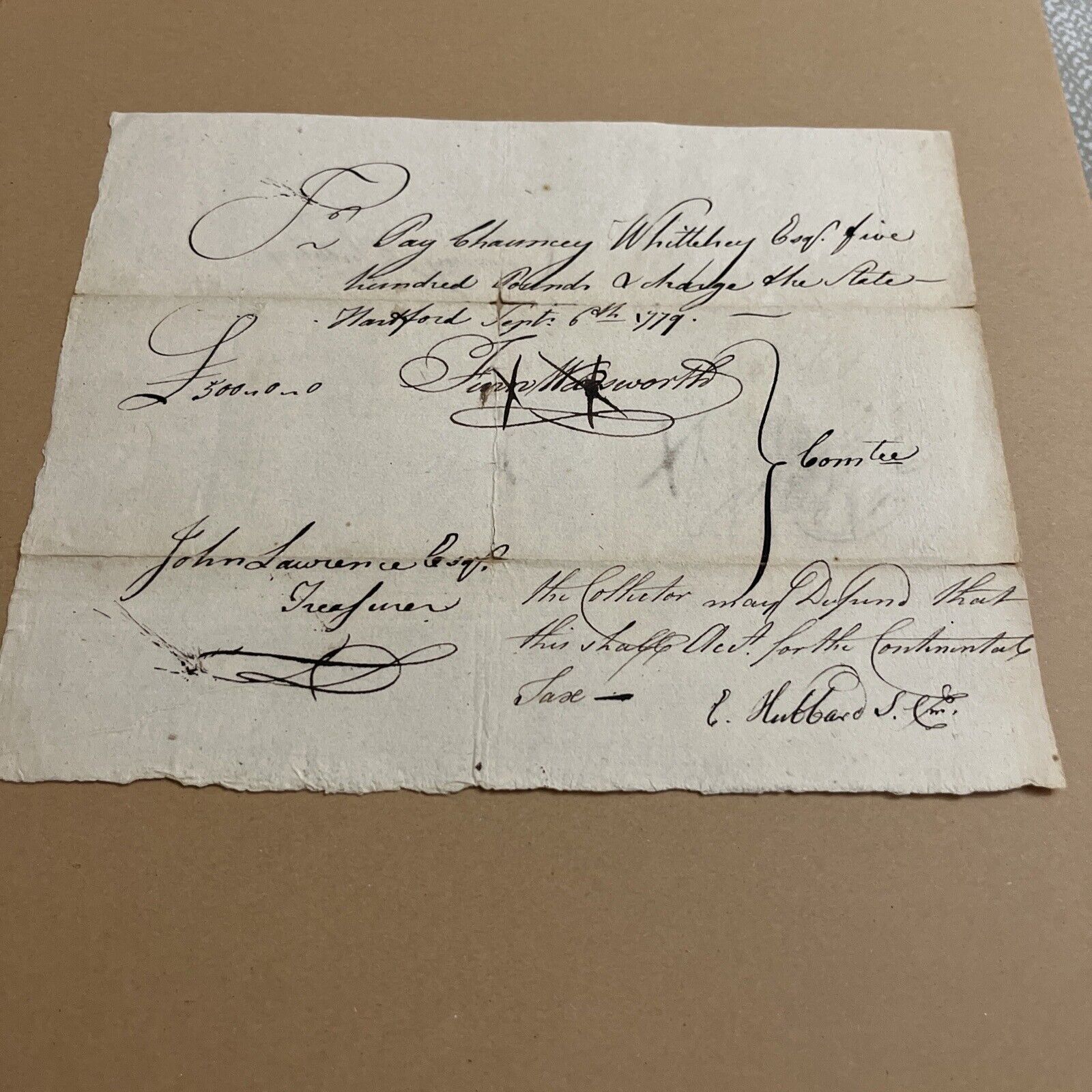 1779 Document Signed by Commissioner of Loans for US During American Revolution