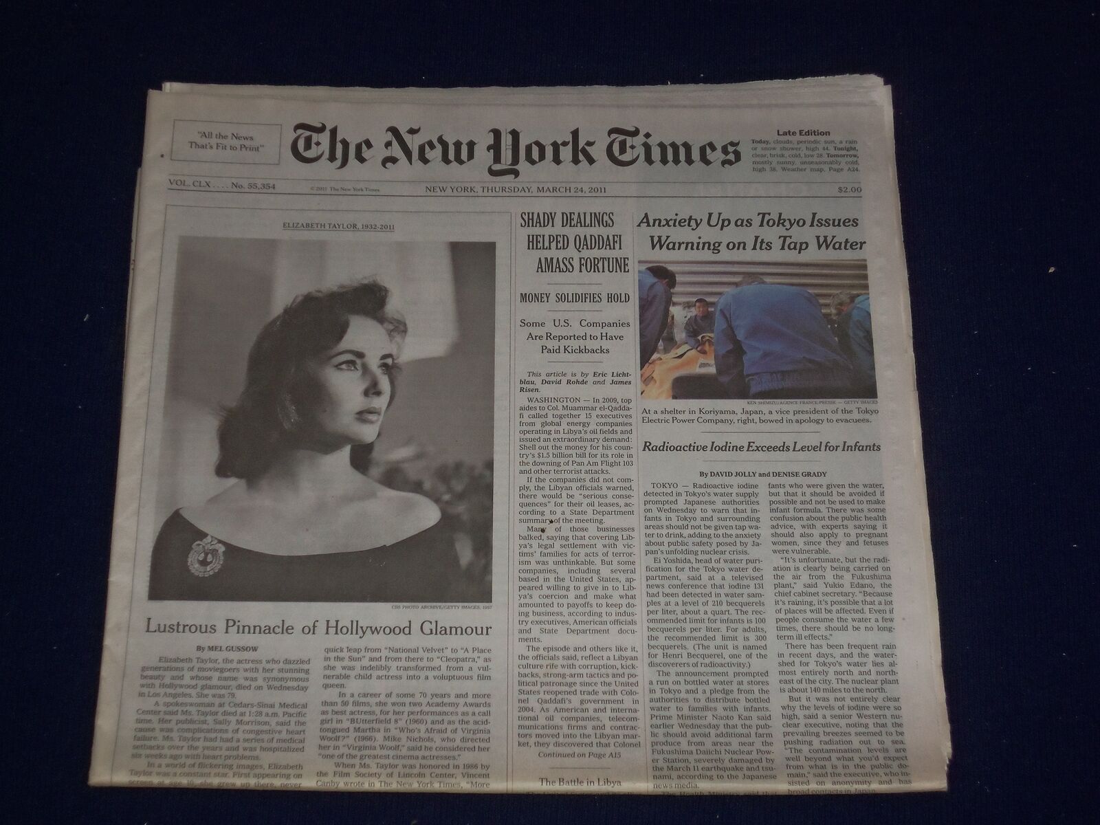 2011 MARCH 24 THE NEW YORK TIMES - ELIZABETH TAYLOR DEAD - NP 3034