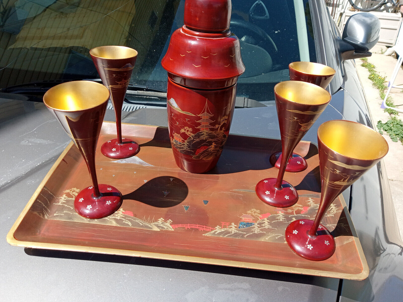 Vintage Japanese Red Lacquer Cocktail Set Shaker Tray Martini Glasses arware
