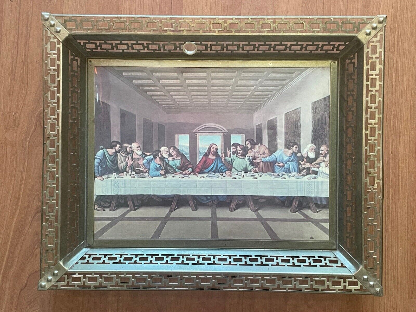 Vintage Lenticular The Lords Last Supper Jesus Disciple Metal Frame 21”x17” Rare