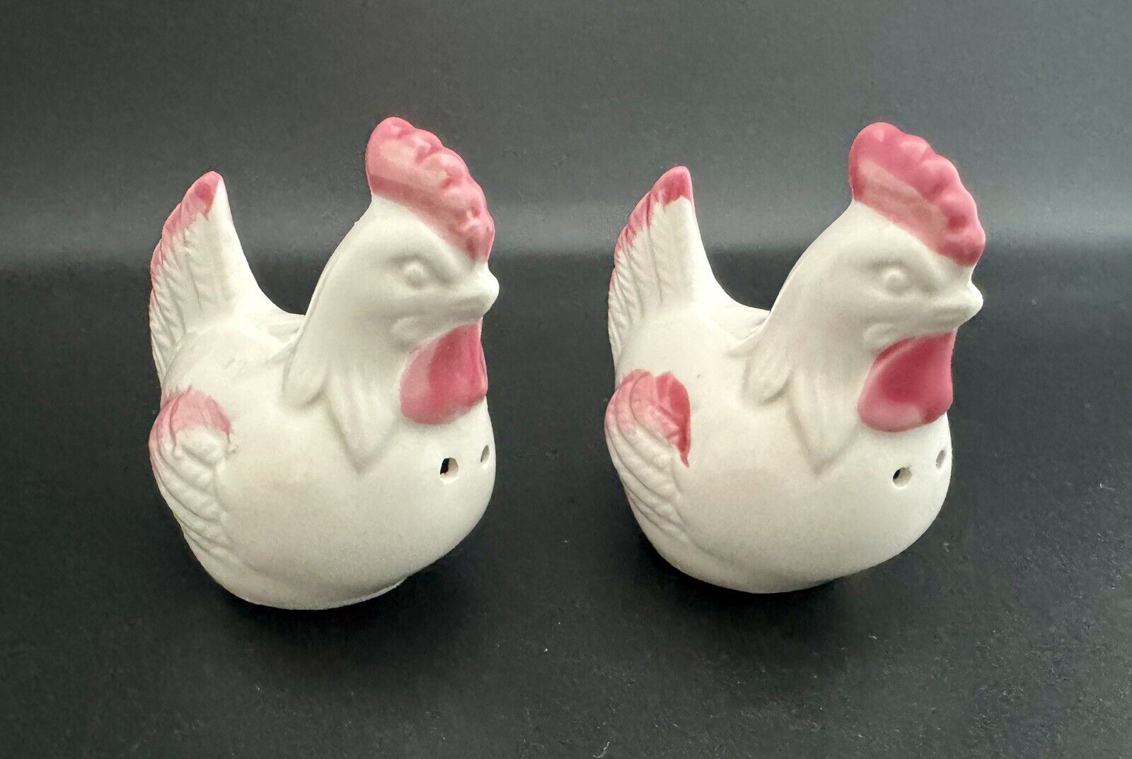 Vintage Pink And White Chicken Hen and Rooster Salt Pepper Shakers Figurine