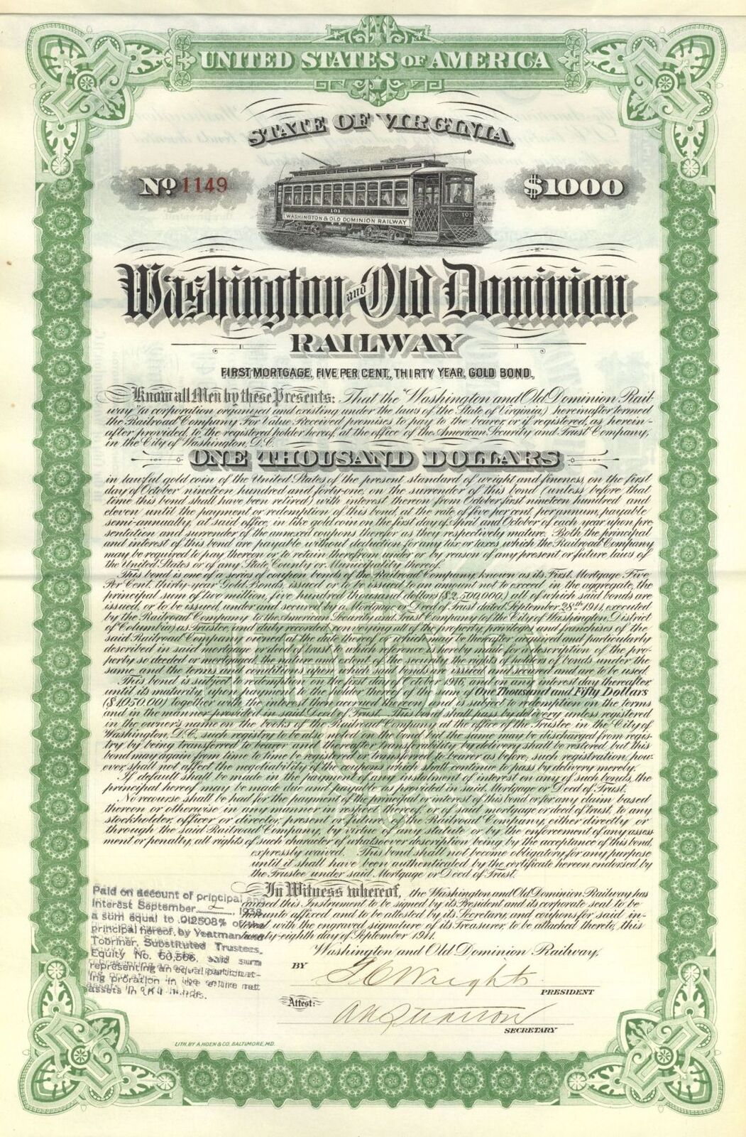 Washington and Old Dominion Railway - 1911 dated $1,000 Uncanceled Railroad Gold