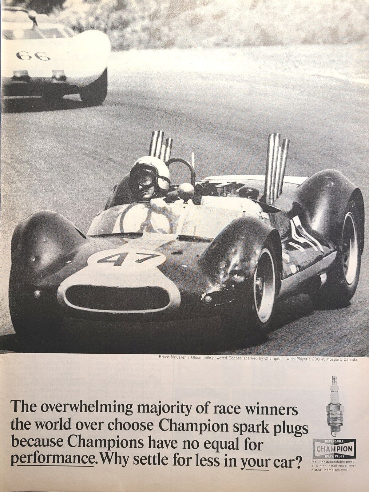 Champion Spark Plugs Bruce McLaren Players 200 Mosport CA Vintage Print Ad 1964
