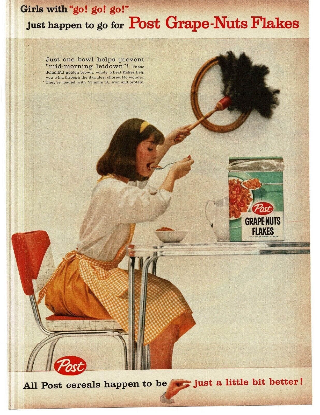 1959 Post Grape Nuts Flakes Cereal woman eating and dusting multi-tasking Ad
