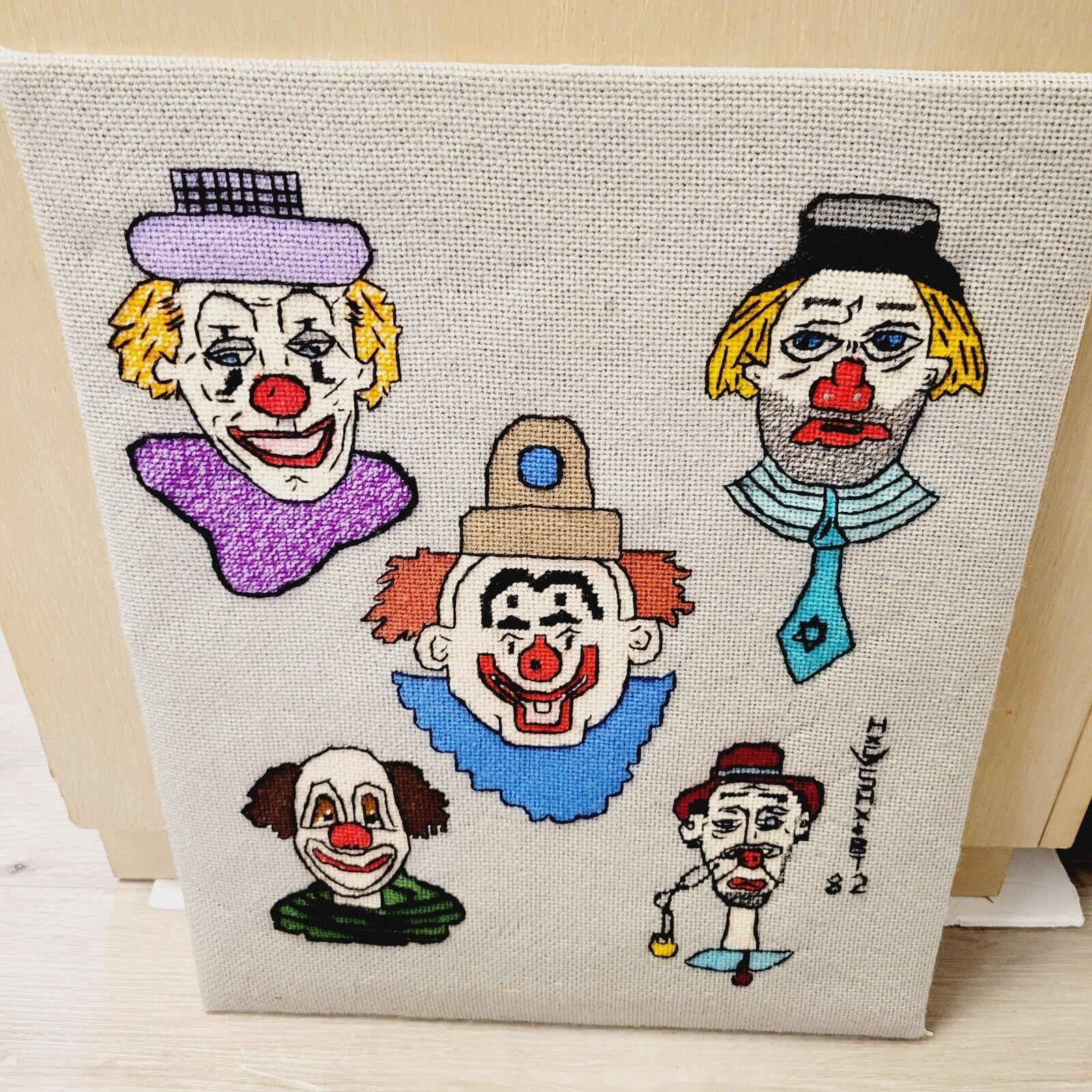 Vtg Hand Made Stitched Mix Emotions Clown Faces Wall Decor