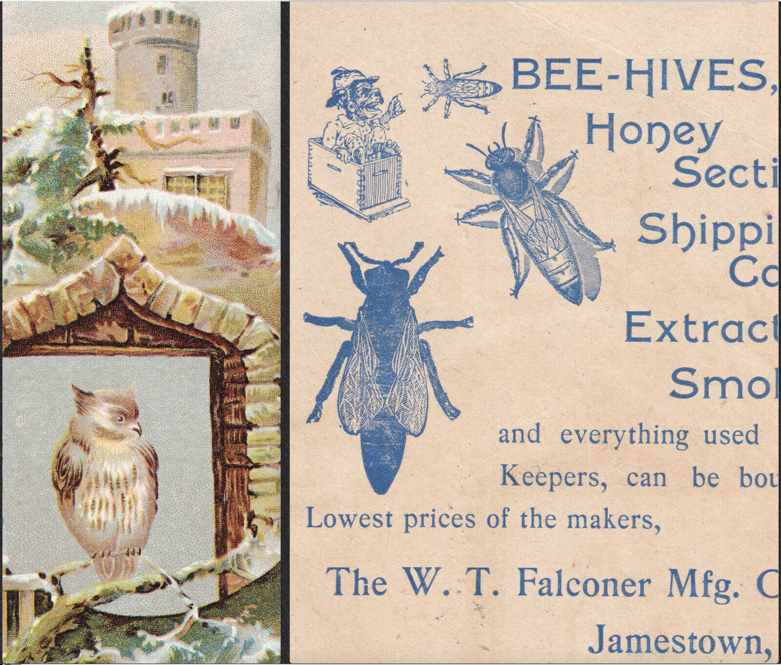 Bee Smoker 1800's Honey Bee-Hive W.T. Falconer Jamestown NY Owl Black Trade Card