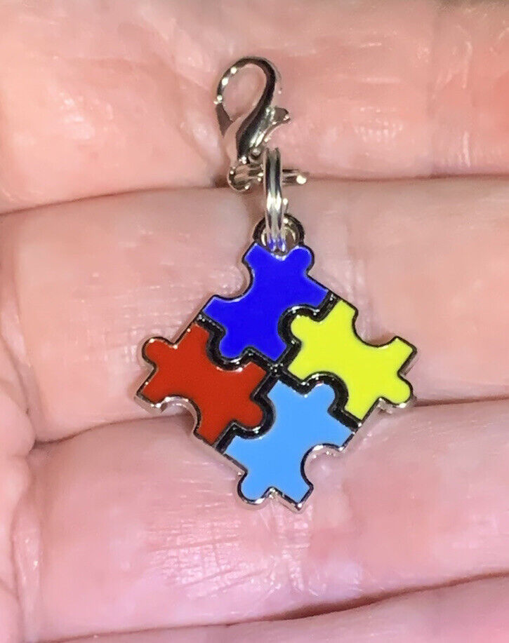 Silver Autism Awareness Puzzle Pieces Charm Zipper Pull & Keychain Add On Clip