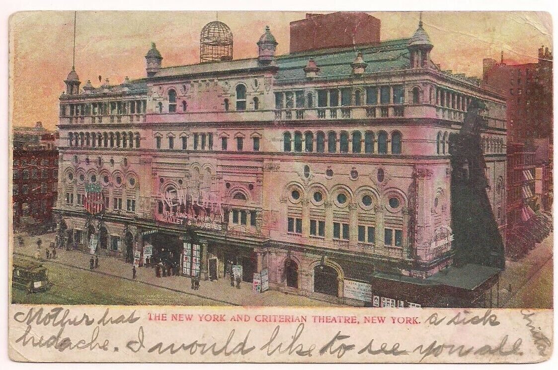 Postcard New York & Criterion Theatre The Lyric Broadway to Hartly Delaware 1905