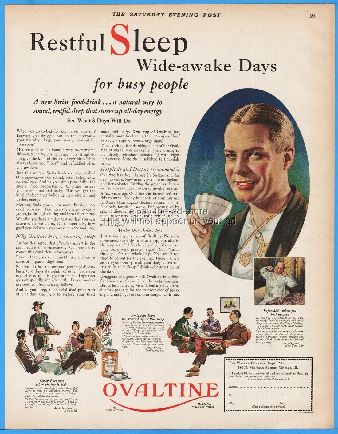 1928 Ovaltine drink mix Restful Sleep Wide Awake Days 1920\'s kitchen decor ad