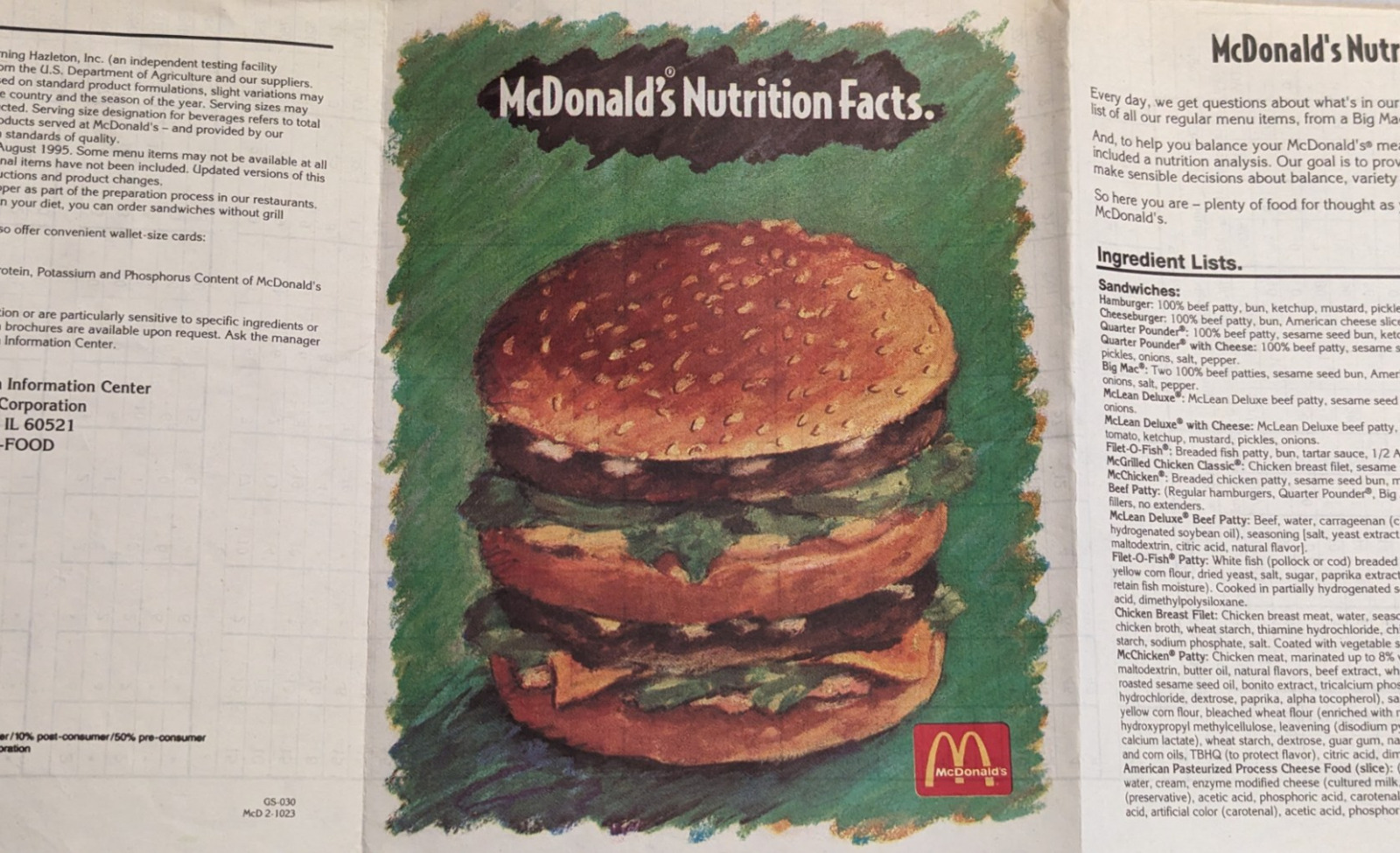 Vintage 1995 McDonald\'s Nutrition Facts Pamphlet / Poster / Sign