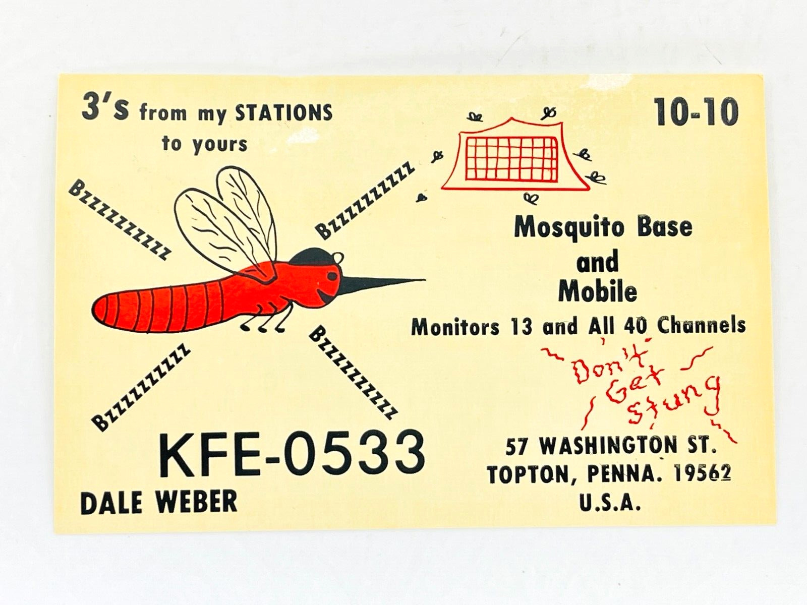 Vintage QSL Card Ham CB Amateur Radio Dale Weber Mosquito Base KFE-0533 Topton