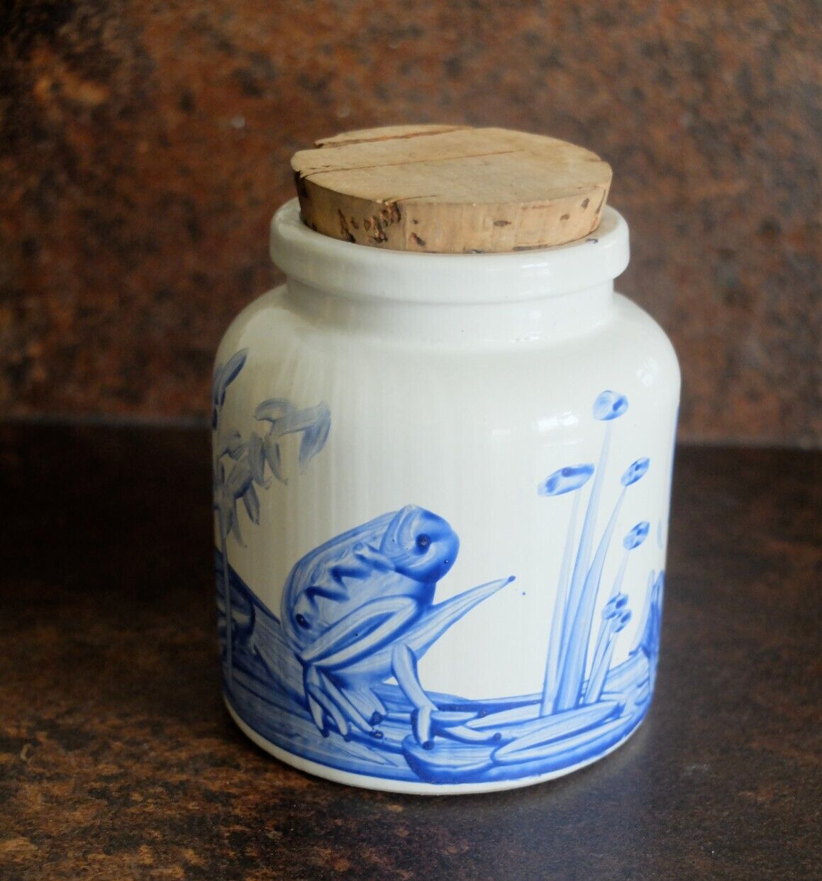 1960s M.K.M German hand-painted jar with pond scene. Signed.