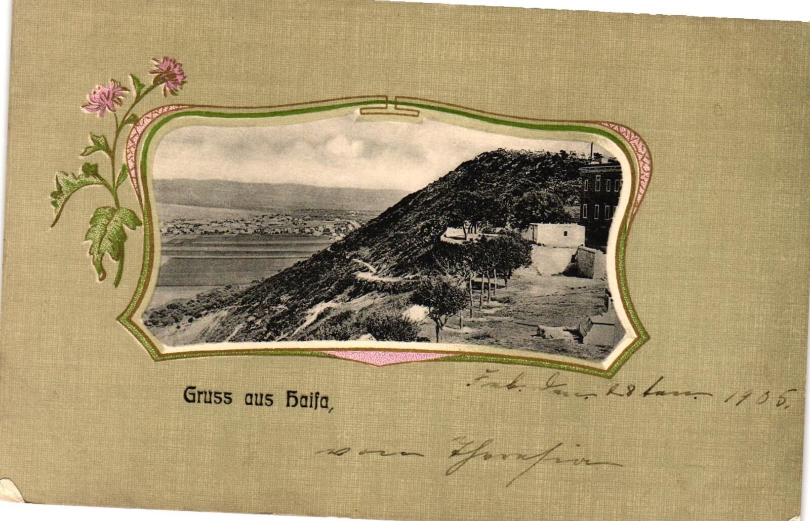 Vintage Postcard- GRUSS AU HAIFA, OVERLOOKING A VALLEY, PINK FLOWERS 1910 UnPost