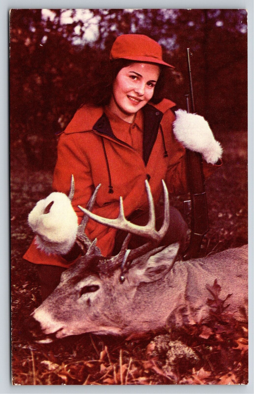 Sports~Hunter Woman By Dead Deer~Big Buck~Modern Diana~Vintage Postcard