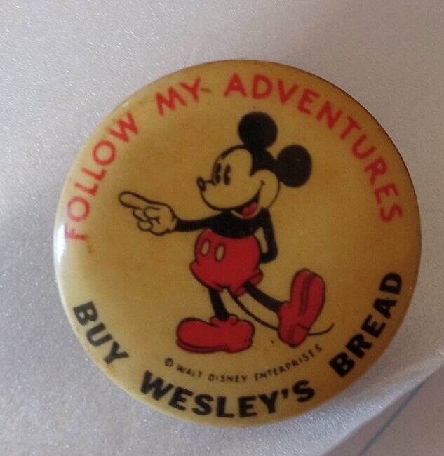 1930s Follow My Adventures Mickey Mouse Buy Wesley\'s Bread Pinback