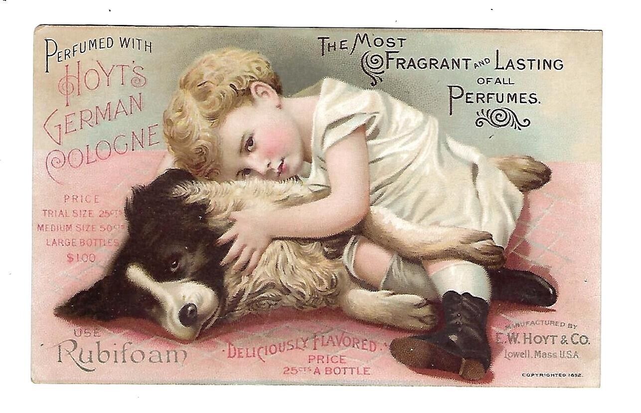 c1890\'s Victorian Trade Card D.C. Nickerson, Hoyt\'s German Cologne, Child & Dog