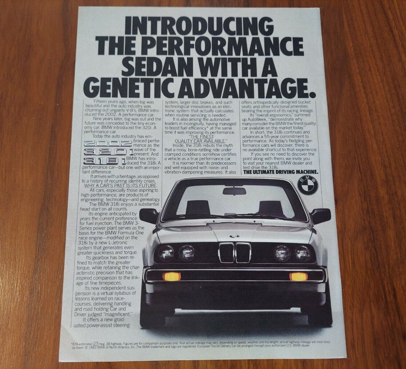 BMW 318i MAGAZINE ADVERTISEMENT E30 PERFORMANCE SEDAN WITH A GENETIC ADVANTAGE