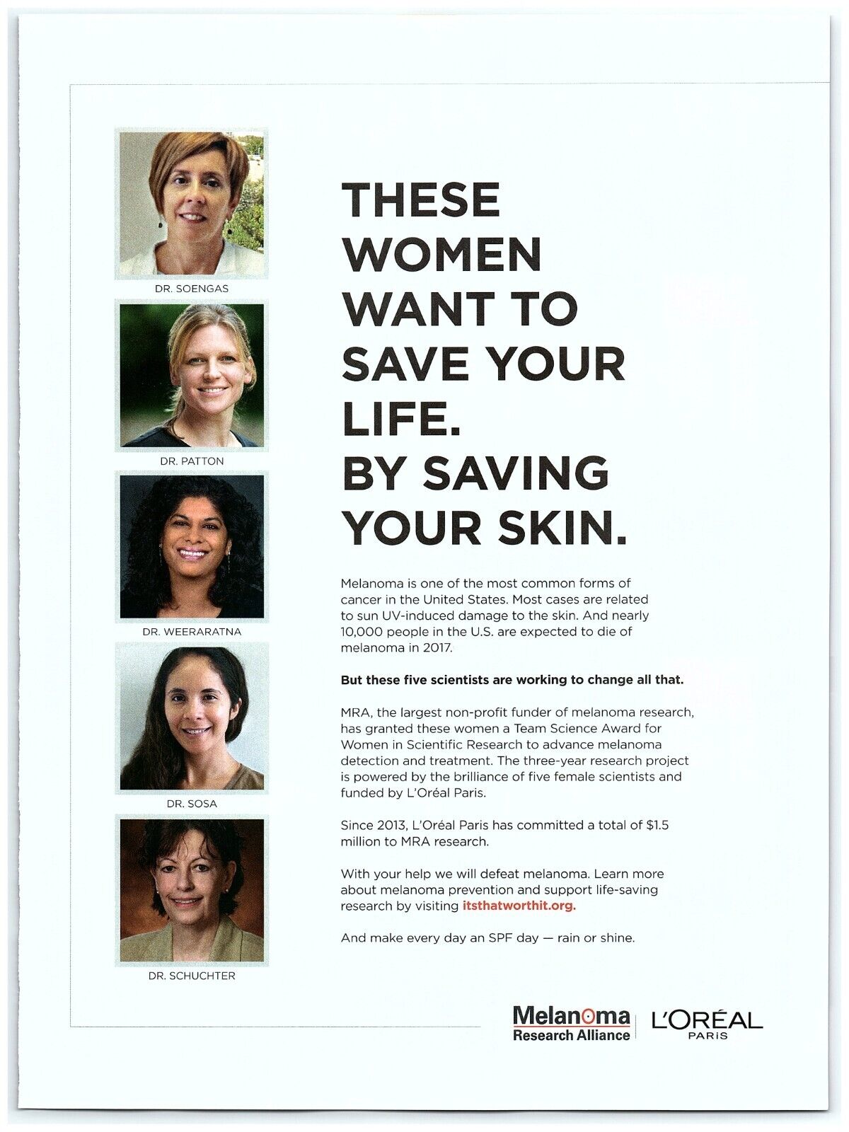 Melanoma Research Alliance Print Ad Female Women Scientists Doctors L\'Oreal Skin