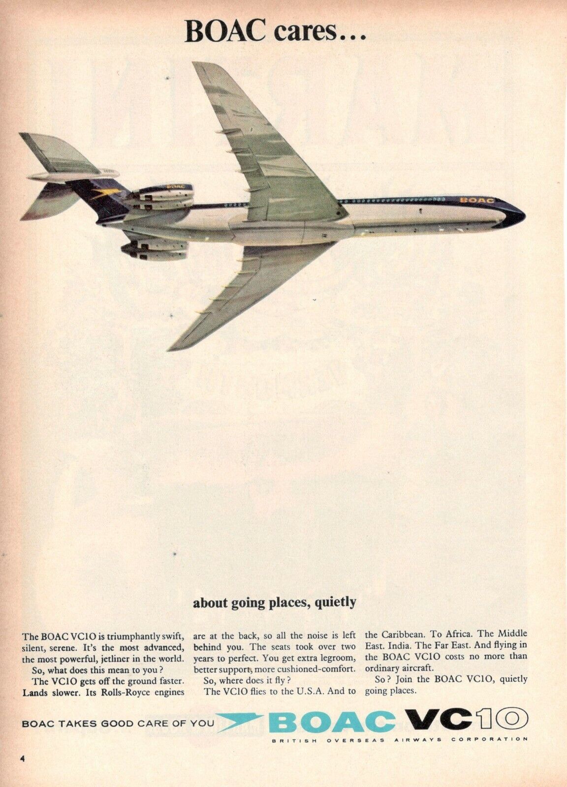 1965 Original Advertising\' Vintage Boac British Airways Airline VC10 Cares 23