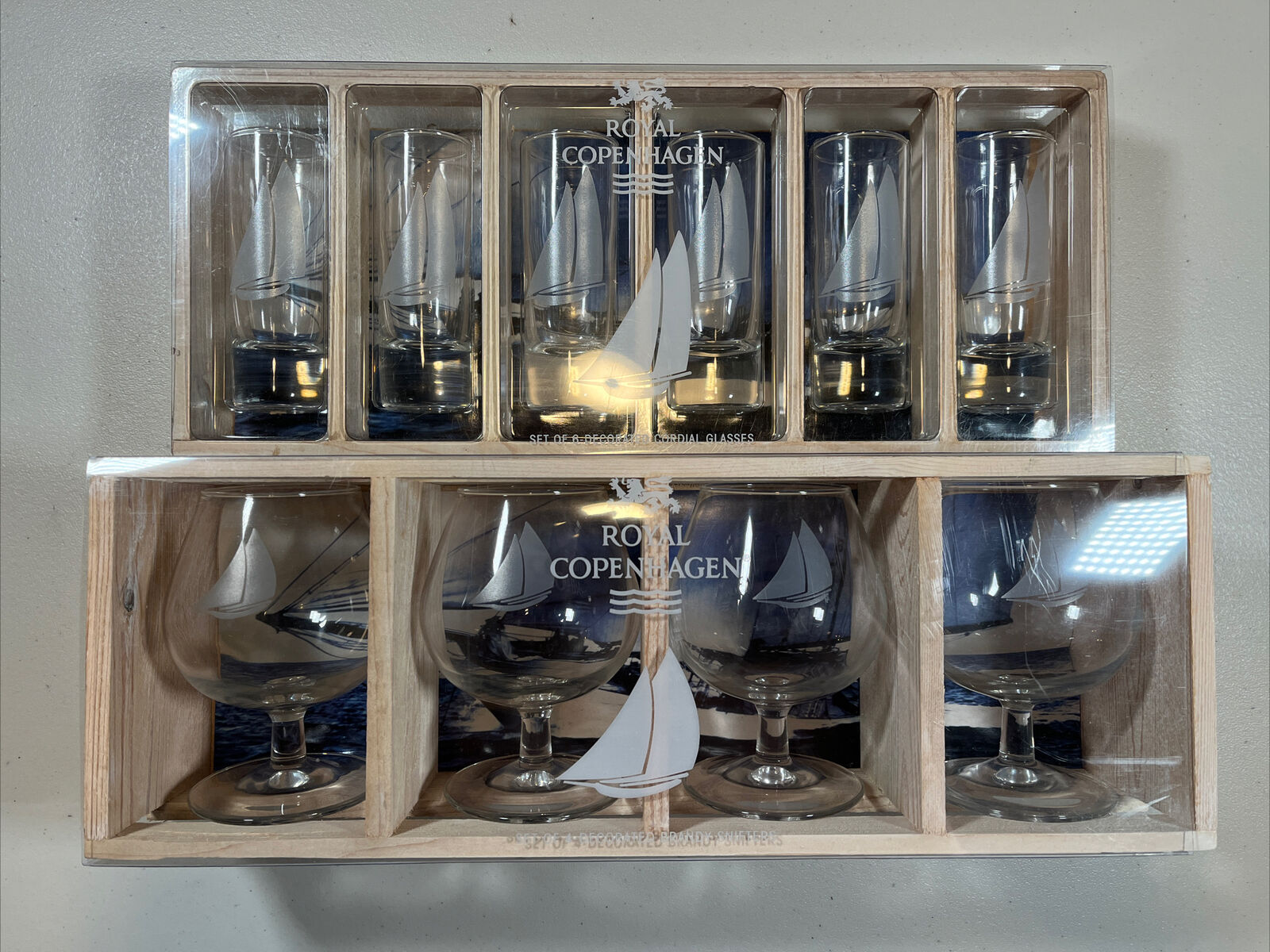 Set of 6 Royal Copenhagen Sailboat Cordial Shot Glasses Plus 4 Brandy Sniffers