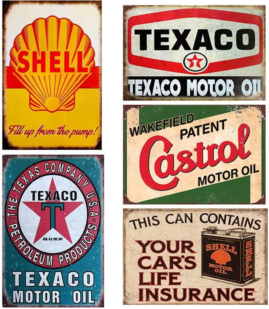 5PCS GAS Motor Oil Antique Tin Signs, Vintage Garage Man Cave Retro Posters Bar 
