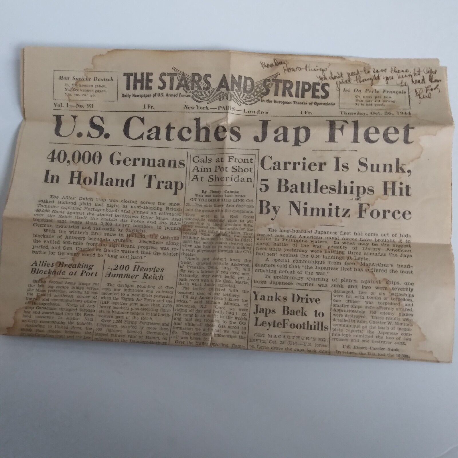 Stars And Stripes From October 24, 1944..  Battle At Leyte Japan\'s Worst...