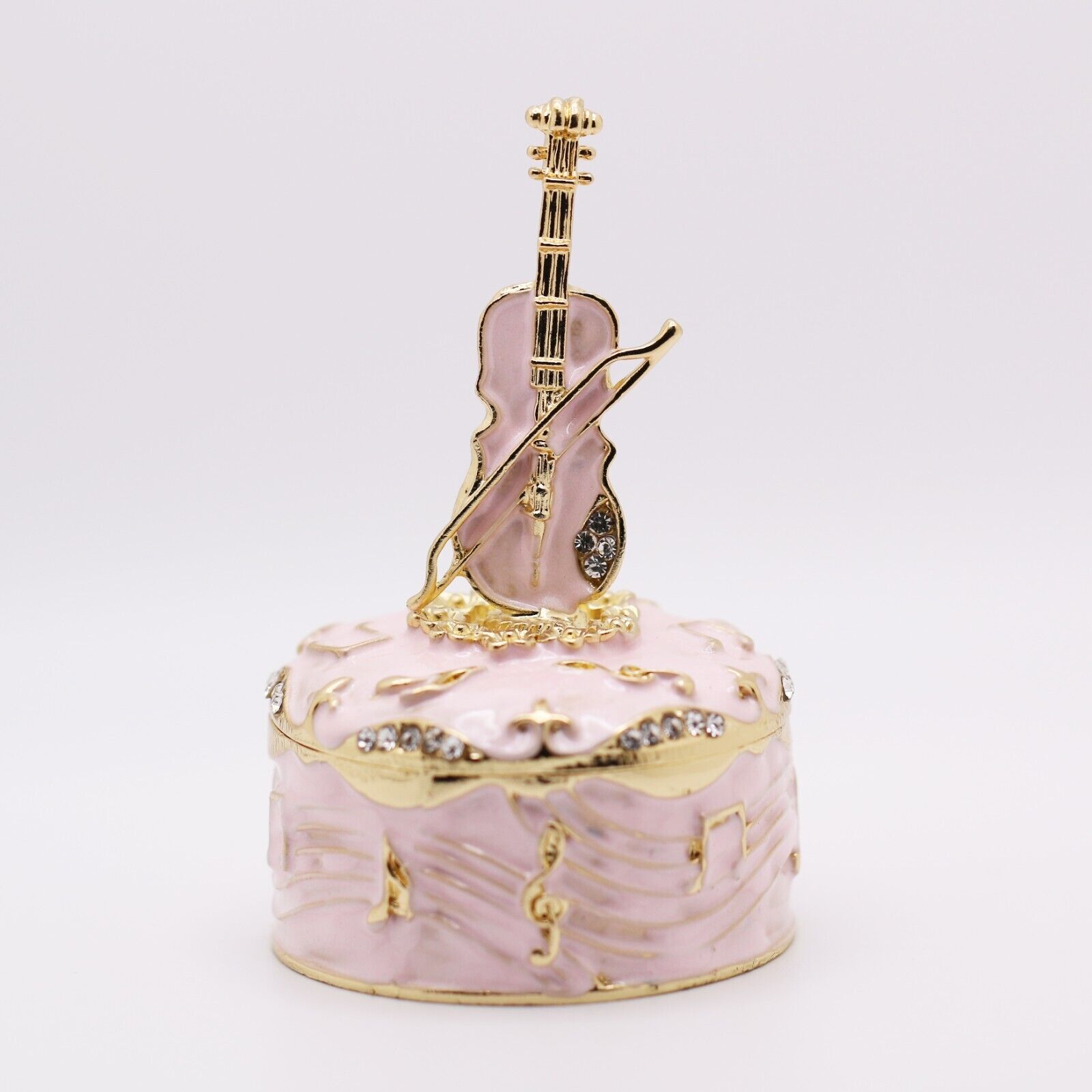 Bejeweled Enameled Hinged Trinket Box/Figurine With Rhinestones-Cute Pink Violin