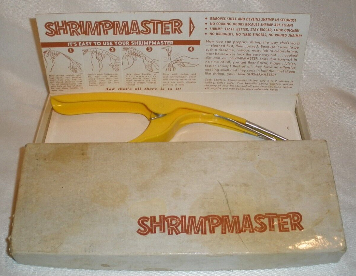 Vintage Yellow Shrimpmaster Kitchen Tool with Box in Good Condition