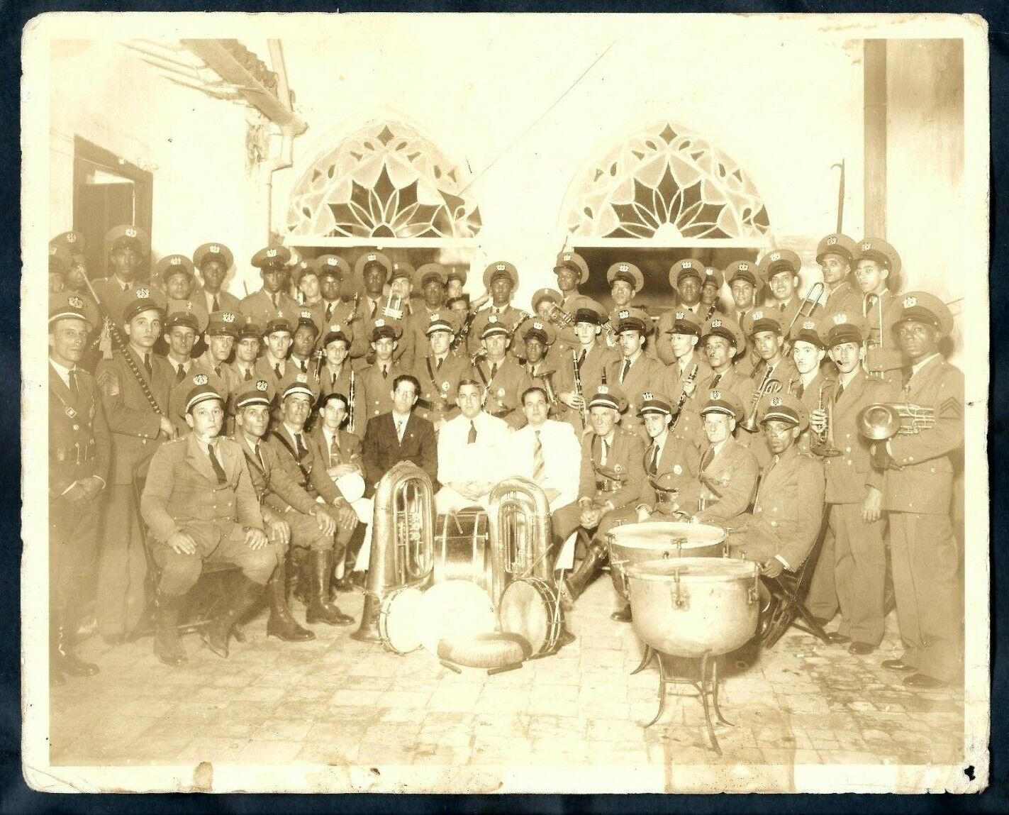 CUBAN MILITARY UNIFORMED EASTERN CUBA BAND DIRECTOR & MEMBERS 1930s Photo Y 227
