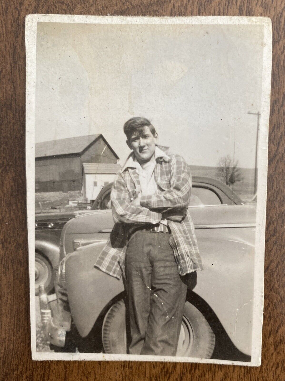 1940s-1950s Young Man Crossing Arms Swag Hairstyle Fashion Cars Real Photo P4r19