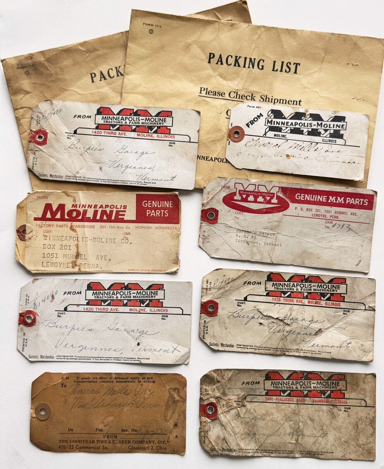 Vintage 10 Pc. Minneapolis Moline Shipping Tags Envelope Collectible Tractor￼
