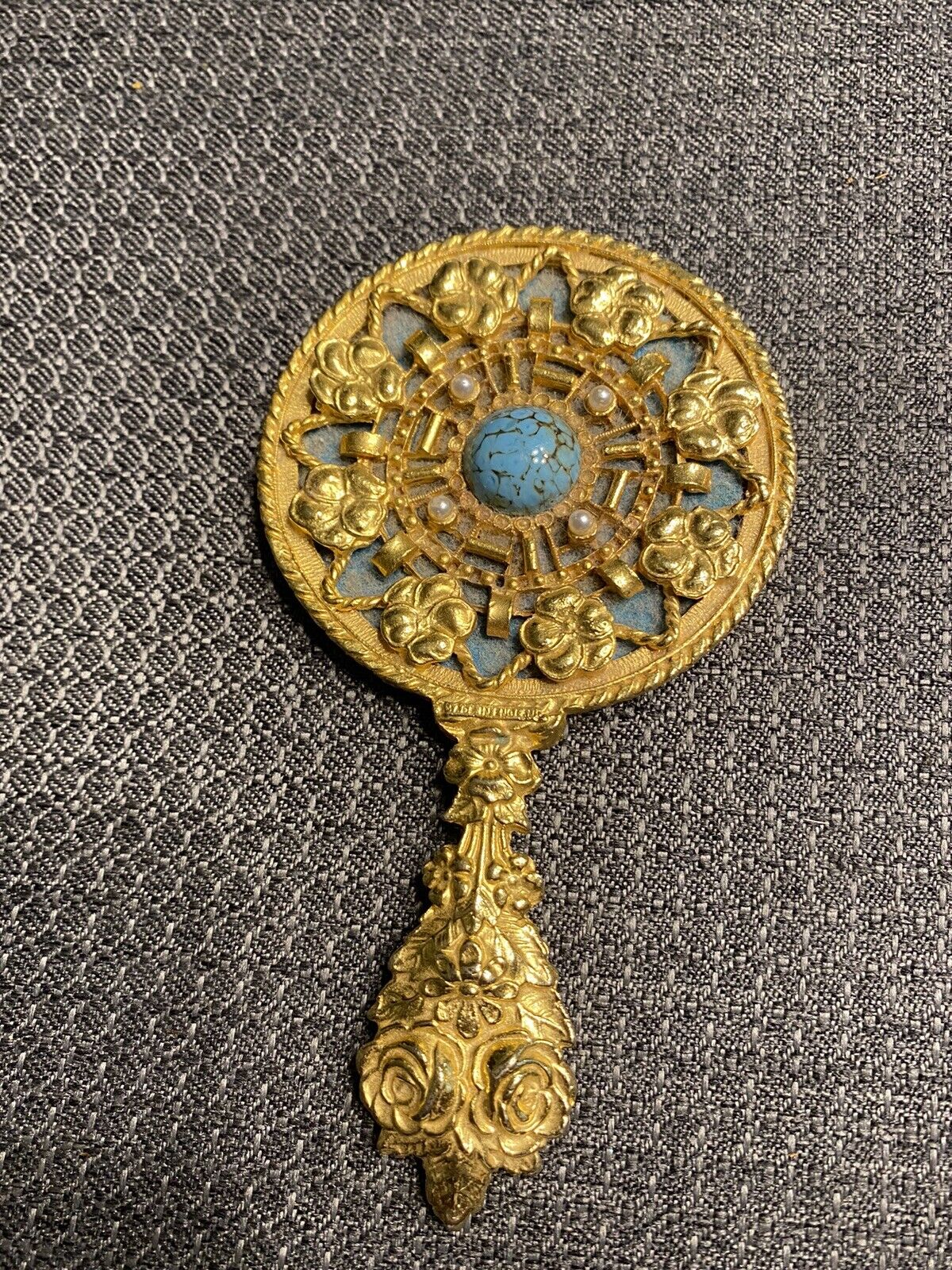 Vintage Mirella Faux Pearls & Turquoise Gold-Tone Handheld Mirror - England