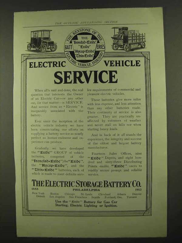 1912 Electric Storage Battery Exide Battery Ad