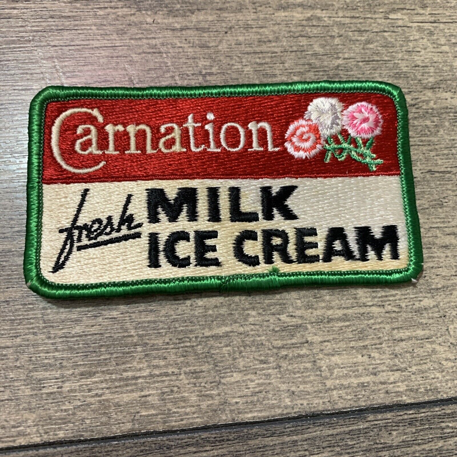 Vintage Carnation Fresh Milk Ice Cream Embroidered patch dairy logo Green HTF
