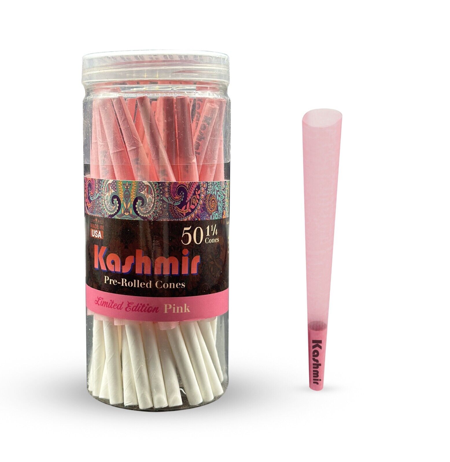 Kashmir Pre Rolled Cones 1 1/4 Pink Natural Rolling Papers 50 Ct in Jar+ Ashtray