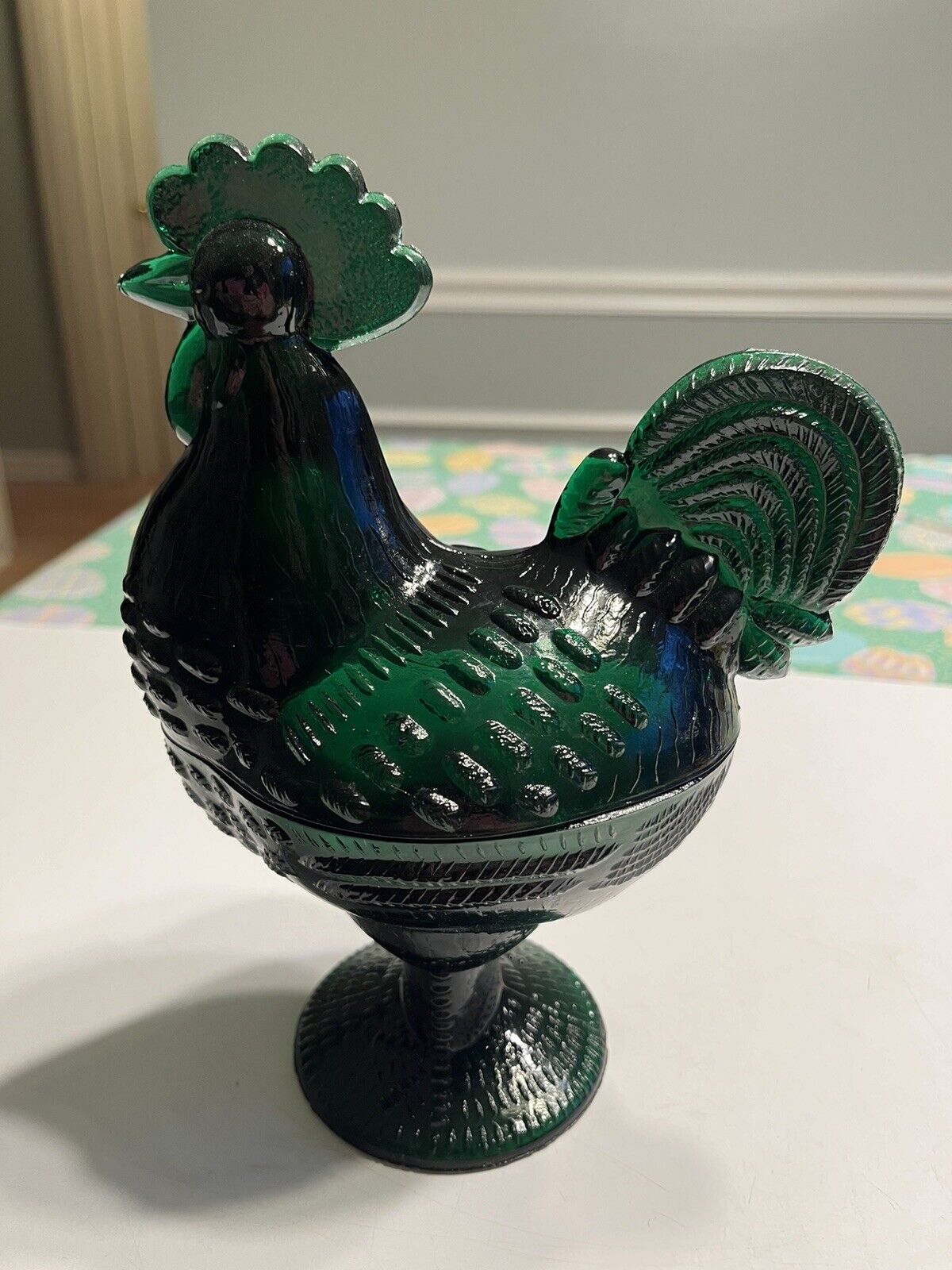 Dark Green Glass Depression Style Rooster Lidded Candy Dish Bowl
