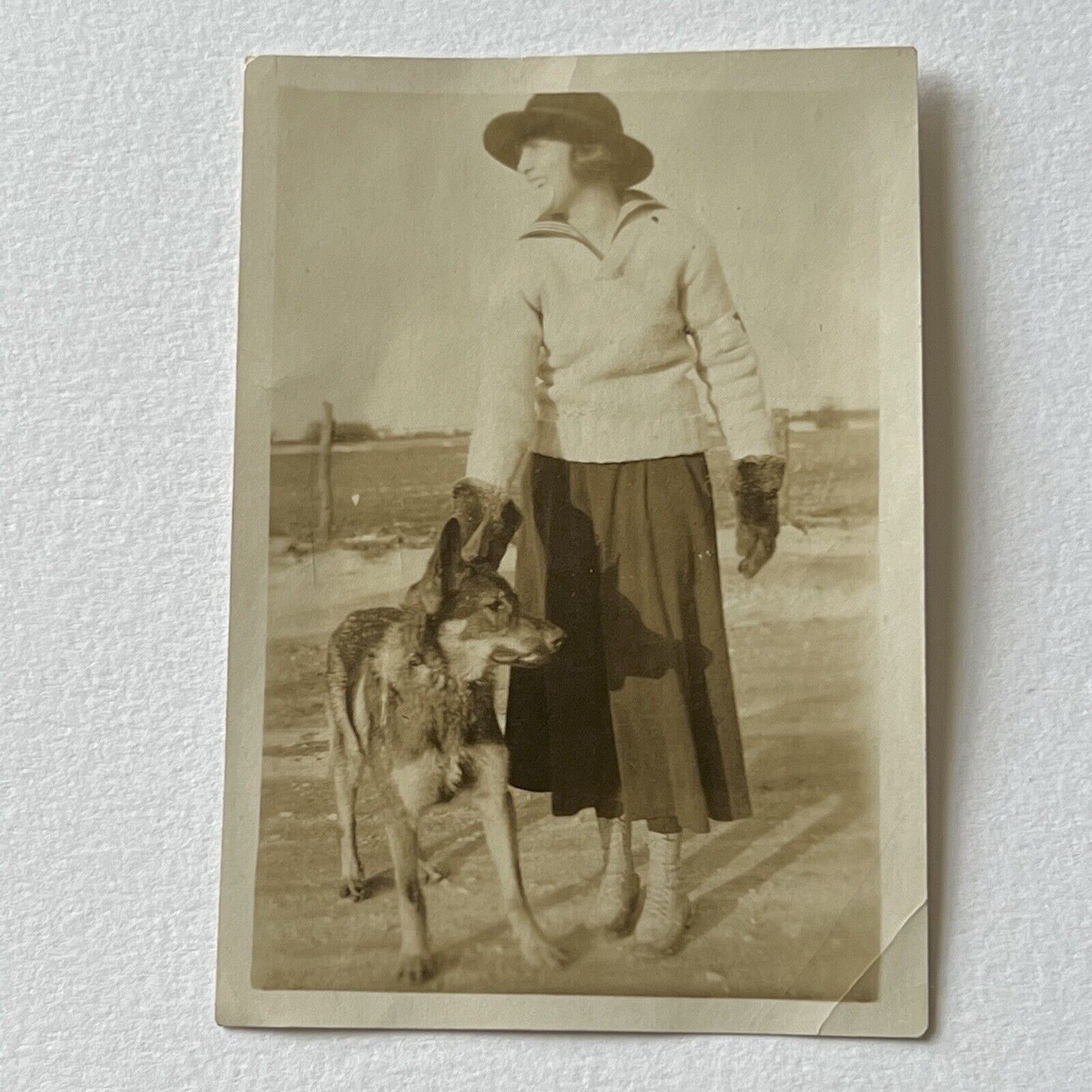 Vintage Sepia Snapshot Photograph Woman With German Wolf Hound Note On Back