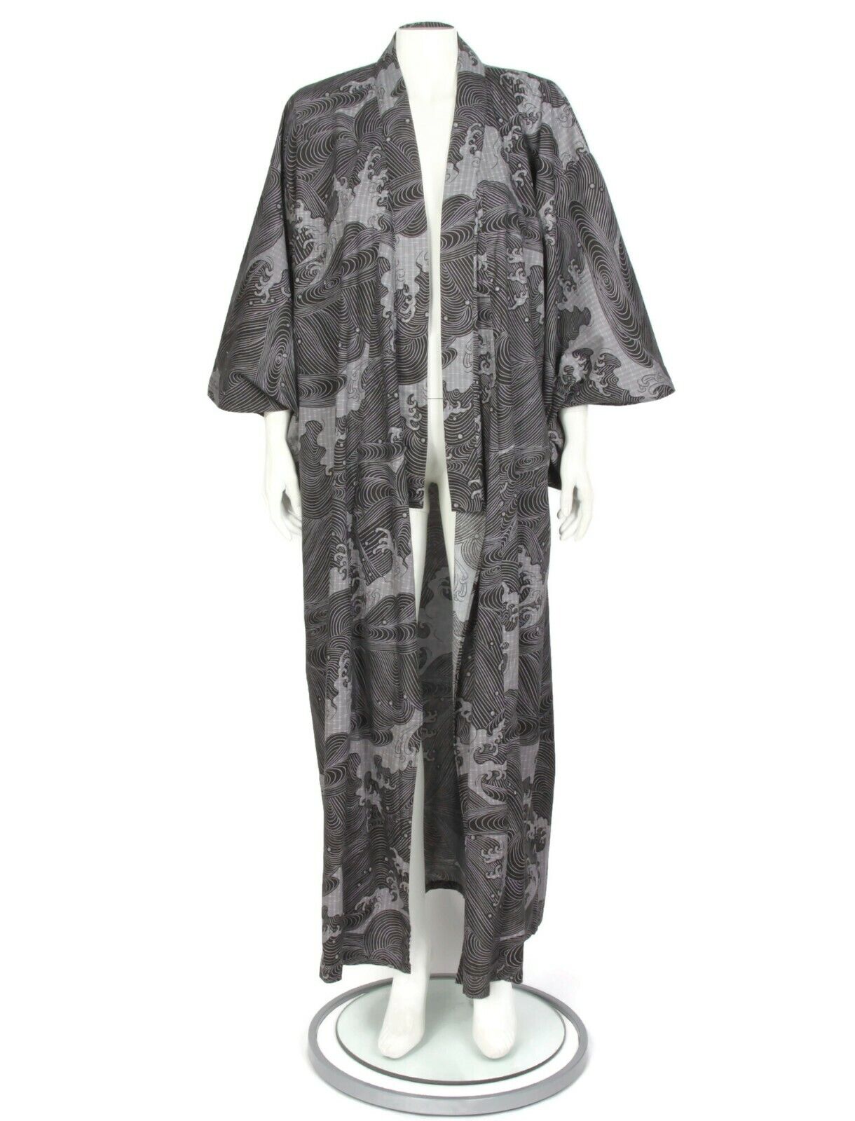 Vintage 70s Made in Japan Casual Kimono Cosplay Dress Gray Waves Anime Robe