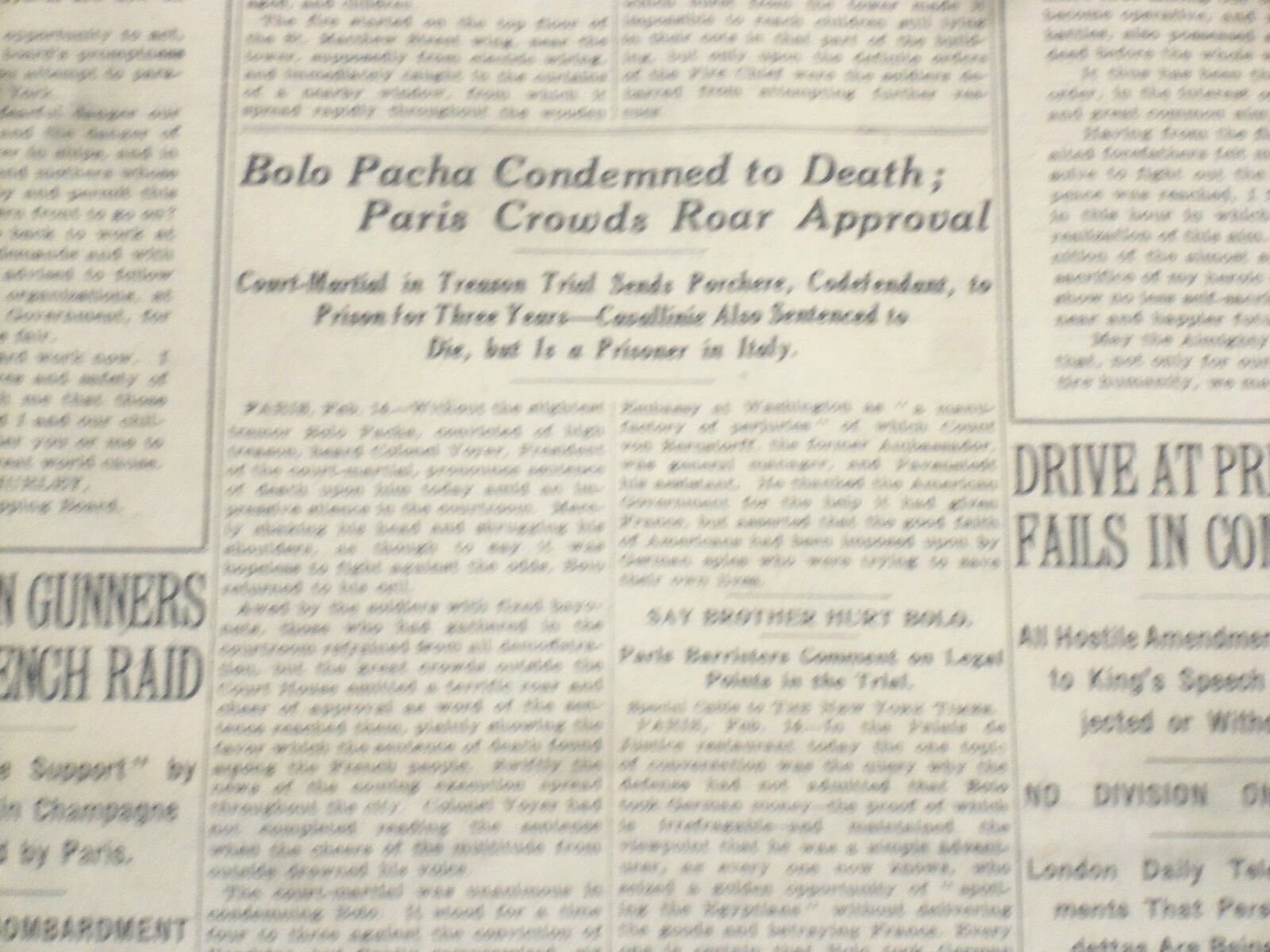 1918 FEBRUARY 15 NEW YORK TIMES - BOLO PACHA CONDEMNED TO DEATH - NT 8247