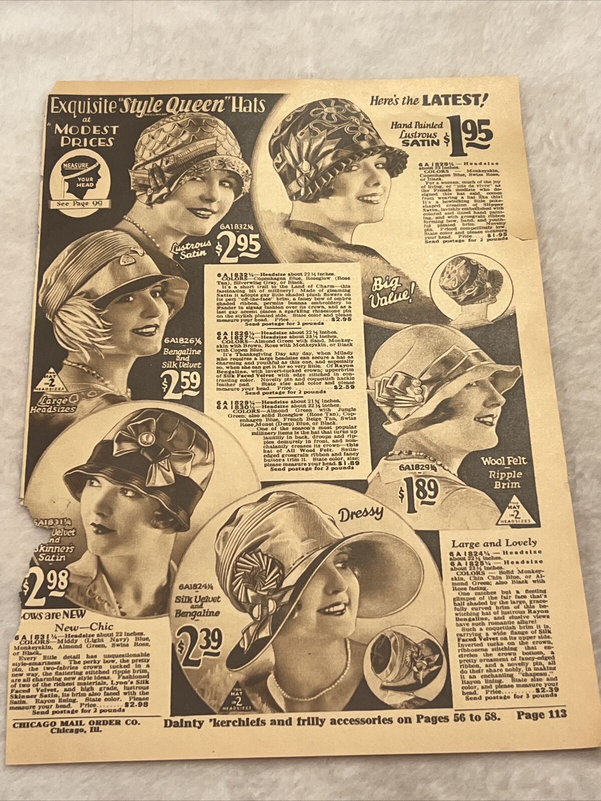 vintage Chicago Mail Order Co. Exquisite “Style Queen” Hats ad FD9