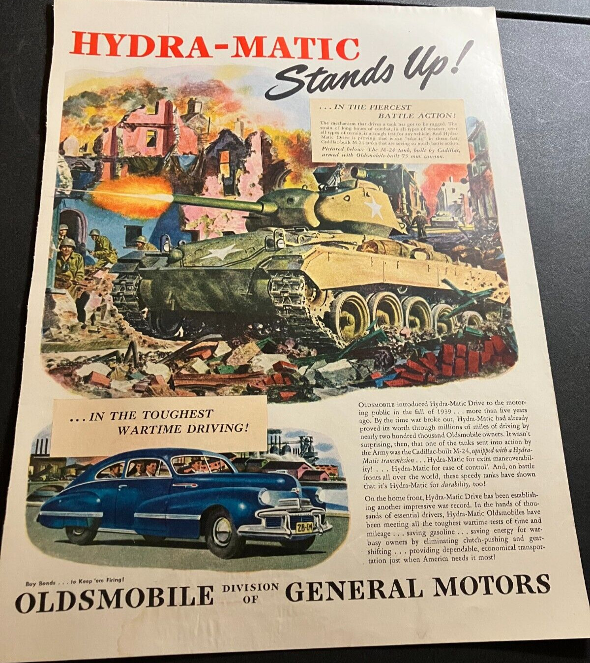 WW2 1940s Oldsmobile Hydra-Matic M-24 Tank - Vintage Original Print Ad Wall Art