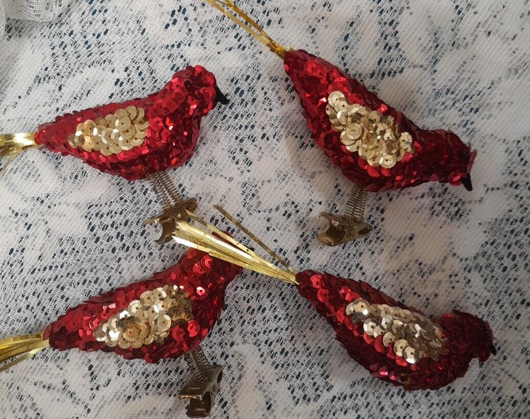 Avon Red Sequined Clip On Christmas Ornament Birds Set Of 4 Vintage 1999