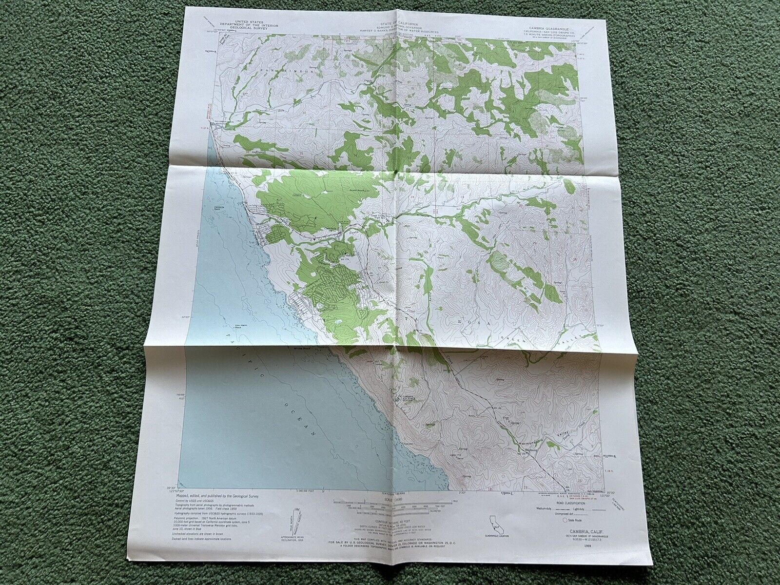Vintage 1959 US Dept Geological Survey Cambria California Topographical Map